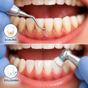 Teeth scaling and polishing shown in two steps