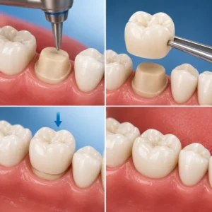 Dental crown being placed over a prepared tooth