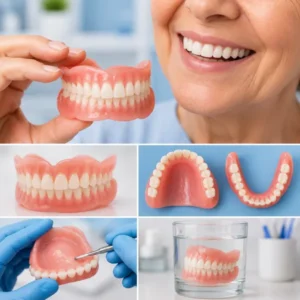Woman holding full dentures, with examples of full and partial dentures