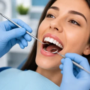 Woman having a dental check-up with a mirror and probe
