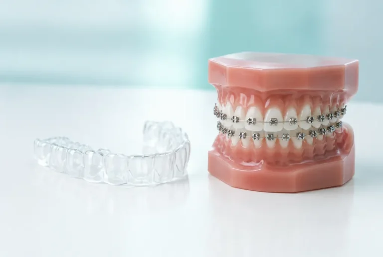 Clear aligner next to a dental model with metal braces