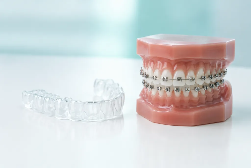 Clear aligner next to a dental model with metal braces