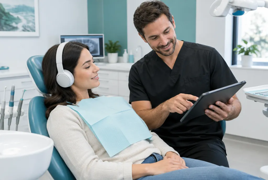 Relaxed patient with headphones while the dentist explains treatment on a tablet