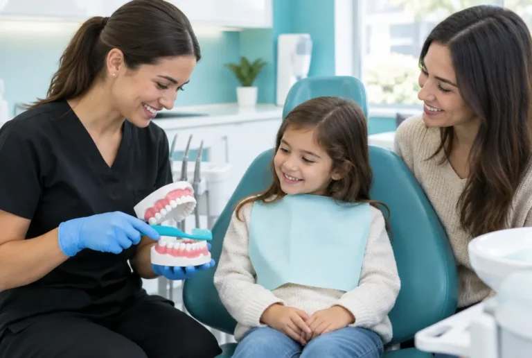 Dentist showing a child how to brush using a tooth model