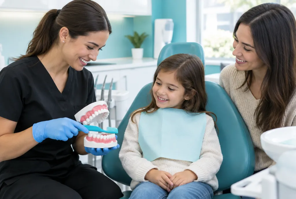 Dentist showing a child how to brush using a tooth model
