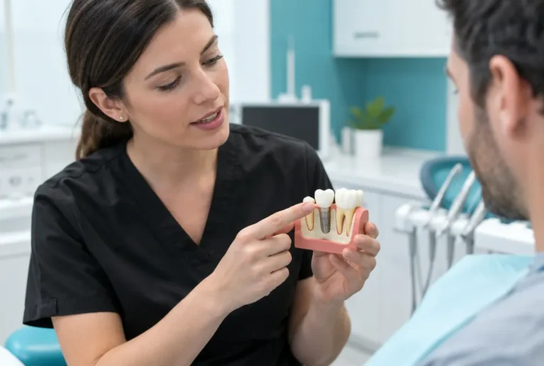 Dentist explaining a dental implant model to a patient