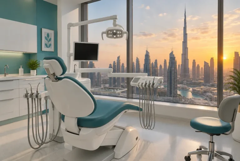 Dental treatment room overlooking the Dubai skyline