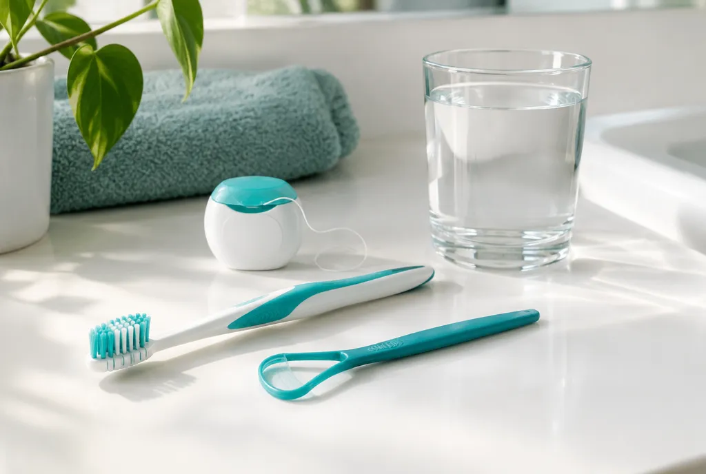 Toothbrush, tongue scraper, floss and water on a bathroom counter