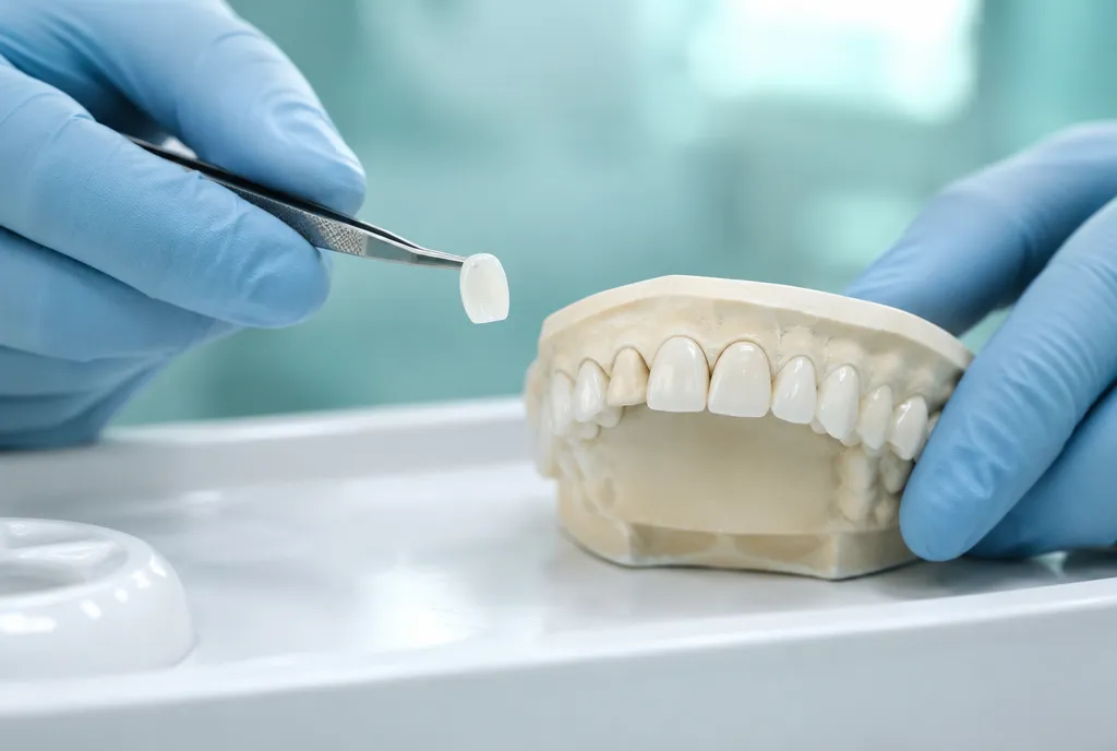 Dentist holding a porcelain veneer next to a dental model