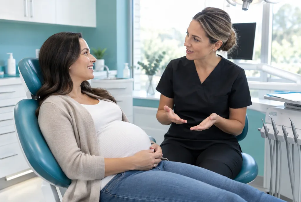 Pregnant woman talking with her dentist in a dental chair