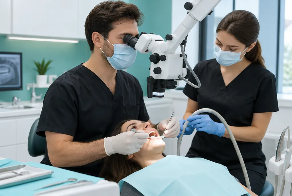 Dentist using a dental microscope during root canal treatment