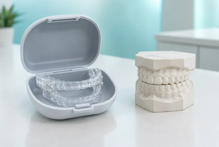Custom oral appliance next to a dental model