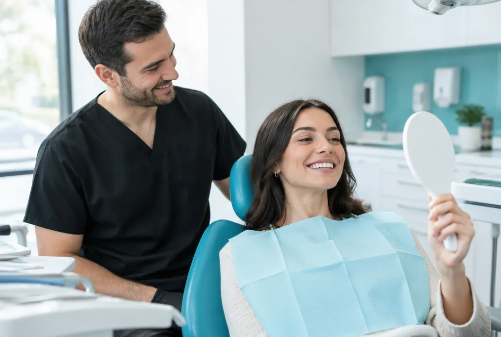 Patient checking her smile in a mirror with her dentist