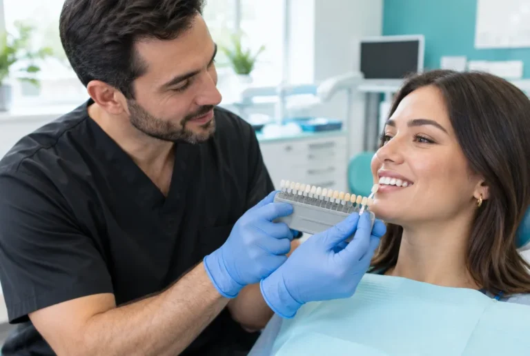 Dentist comparing a patient's tooth shade with a shade guide
