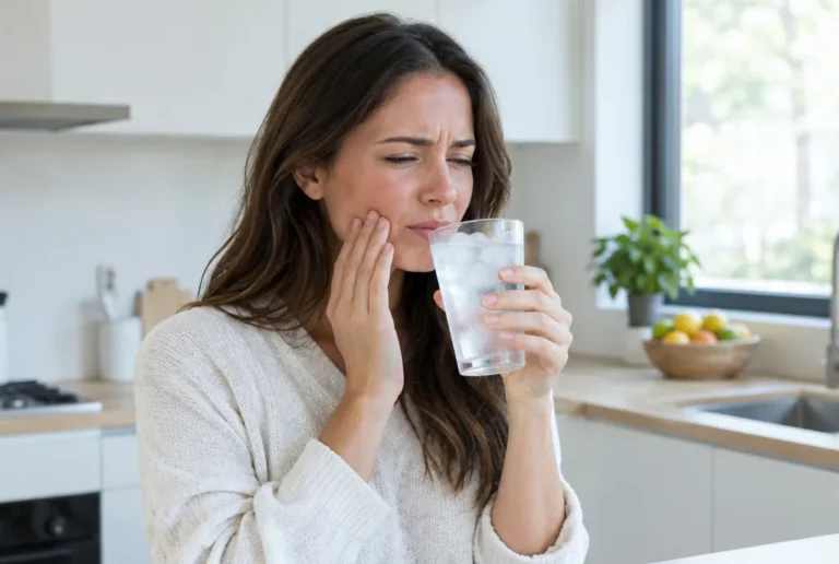 Woman with tooth sensitivity while drinking iced water